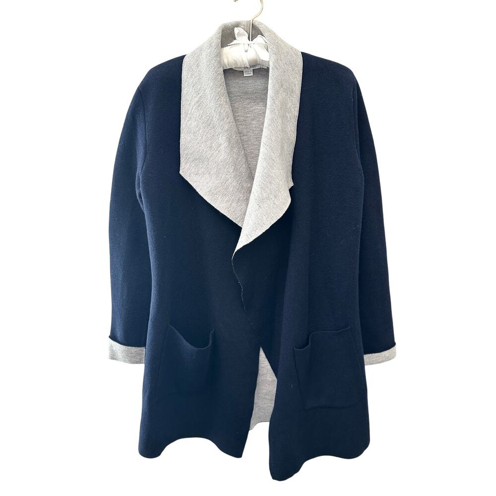 BODEN Wool Blend Open Front Cardigan Navy Gray Shawl Collar Sweater Jacket Small